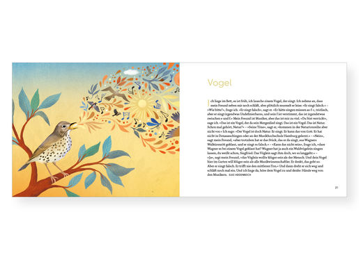 Innenseite aus Hoppla: Illustration eines singenden Vogels.