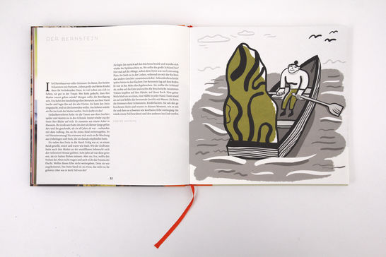 Eine Doppelseite mit einer persönlichen Geschichte zum Thema Familie. Die Illustration von Julia Kluge zeigt eine rudernde Frau mit einem großen Stein an Bord.