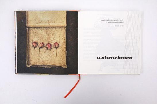 Eine Kapitelanfangsseite: rechts steht ein Aphorismus und die Kapitelüberschrift "wahrnehmen". Die linke Seite zeigt vier getrocknete rosafarbene Rosenknospen auf einem vergilbten Papier.