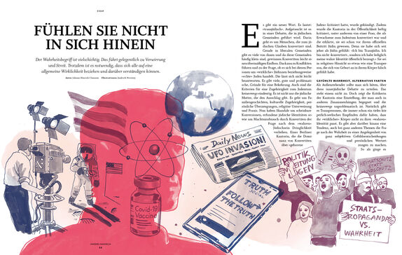 Das Bild zeigt eine Seite mit einem Essay und einer illustrierten Collage aus dem anders handeln-Heft "Wahrheit"