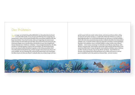 Innenseite aus Hoppla: Am unteren Rand die Illustration einer Unterwasserwelt, darüber Text.