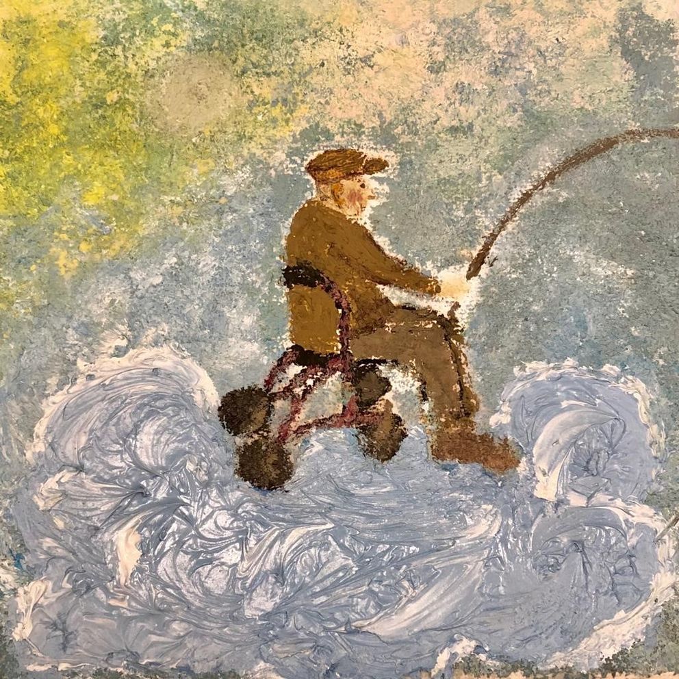 Ein gemaltes Bild zeigt einen Mann, der auf einem Rollator sitzt und angelt. Er schwebt auf Wolken.