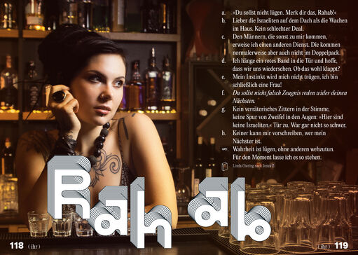Innenseite des Buches SOWEIT, ein Text über Rahab auf dem Foto einer jungen Frau an einer Bar