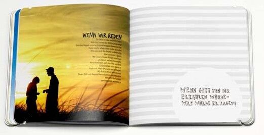 Doppelseite aus dem Buch als ob. Links ein Foto von zwei Silhouetten vor dem Sonnenuntergang, darüber ein Text. Links eine helle Seite mit einer Frage. 