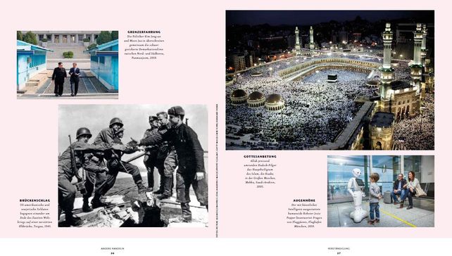 Die Doppelseite zeigt Fotos zum Thema, unter anderem eine Familie mit einem Roboter und die Pilgerstätte Mekka.