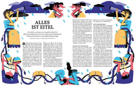 Die Seite aus anders handeln zeigt einen Text, der von einer Illustration umrahmt ist, in der sich Menschen die Augen oder Ohren zuhalten.. 