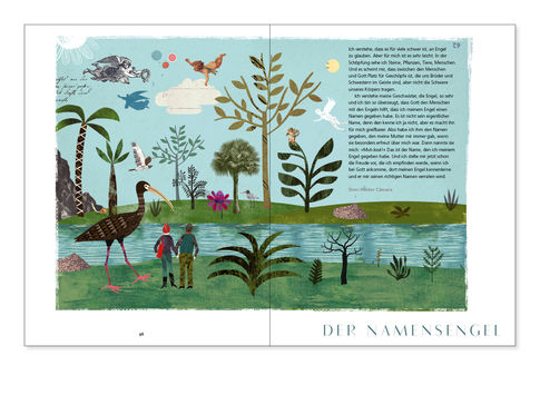 Eine Illustration mit vielen Tieren und Bäumen in paradiesischer Umgebung.