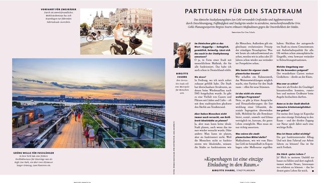 Fotos von New York und Kopenhagen, auf der linken Seite ein Interview mit Kopfbild zum Thema Stadtplanung.