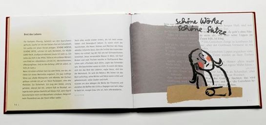 Doppelseite aus dem Buch Freude. Die Illustration einer Person, die nachdenklich den Kopf in die Hände stützt. Darüber der Schriftzug "schöne Wörter, schöne Sätze".