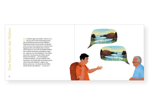 Innenseite aus Hoppla: Illustration von zwei sich unterhaltenden Männern mit Sprechblasen, darin eine Landschaft mit Meer und Felsen.