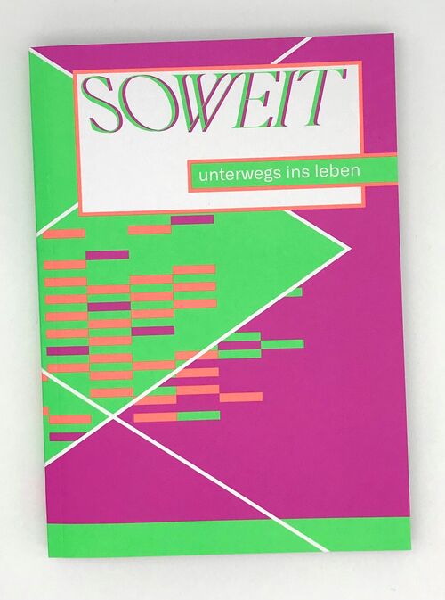 Foto des Buches SOWEIT, Cover mit abstrakten Formen in Neongrün und Neonpink