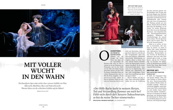 Szenenfotos aus den Opern "Zauberflöte", "Tosca" und "Macbeth".