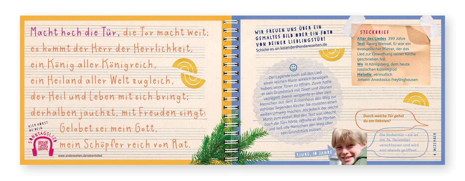 Auf der Innenseite des Kinderkalenders ist der Steckbrief eines Weihnachtsliedes sowie der Liedtext abgedruckt.