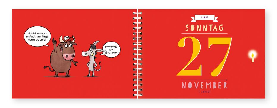Auf der Innenseite des Anderen Advent für Kinder ist ein Cartoon mit Ochs und Esel.