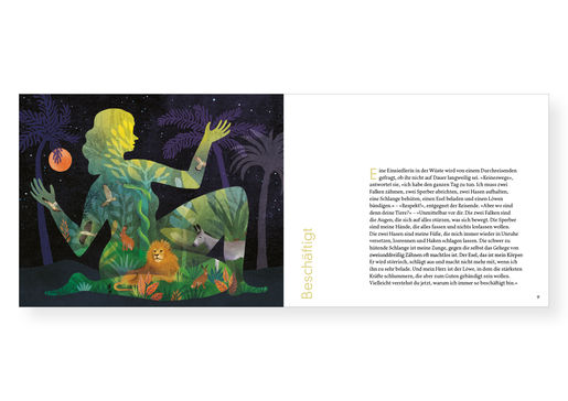 Innenseit aus Hoppla: Silhouette einer Frau, darin Dschungelmotive, daneben ein Text.