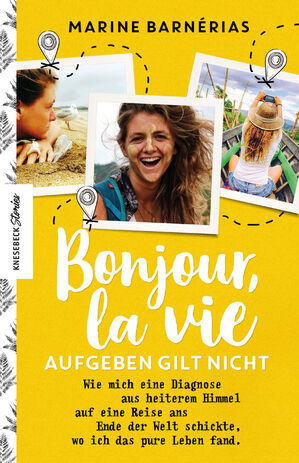 Fotos der Autorin auf gelbem Hintergrund: das Cover des Buches Bonjour, la vie