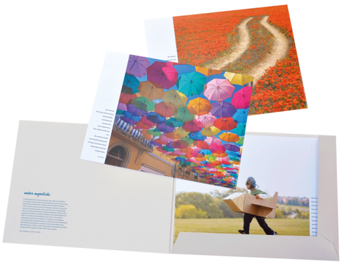 Drei Motive aus dem Posterset Andere Augenblicke 1: Ein Feld mit Mohnblumen, viele bunte Schirme vor dem Himmel, ein junge mit einer Papprakete.