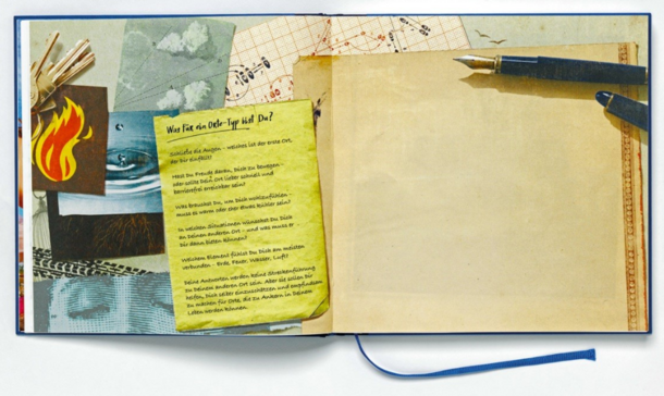 Die Doppelseite aus dem Buch Andere Orte zeigt eine Collage sowie ein Pergament und einen Füller. Dazu die Frage: Welcher Orte-Typ bist du?