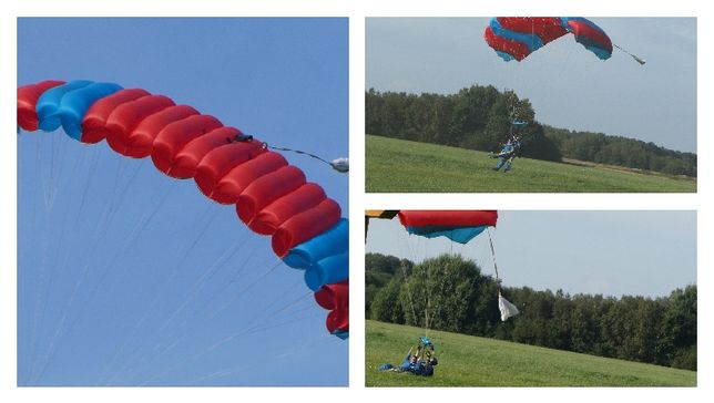 Eine Collage aus drei Aufnahmen, die den blau-roten Fallschirm und das Tandem bei der Landung auf einer Wiese zeigen.